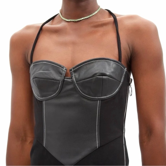 STAUD Hindley Faux Leather Corset Halter Neck Exposed Zipper Black Midi Dress - Picture 11 of 16